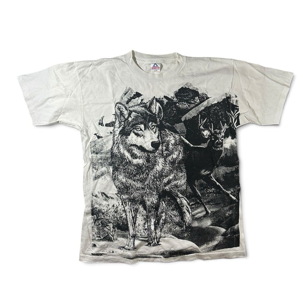 Vintage AOP Wolf & Deer Wildlife XL T-Shirt USA AAA Single-Stitch Nature White